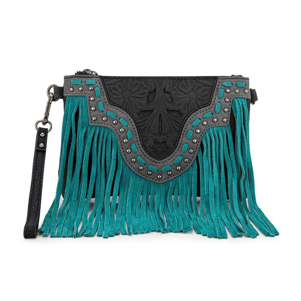 2799 Floral Crossbody Bags Western Tooled Fringe with Antique Silver Studs - Picture 4 of 6